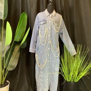 Women Pearl Embellished Denim Dress